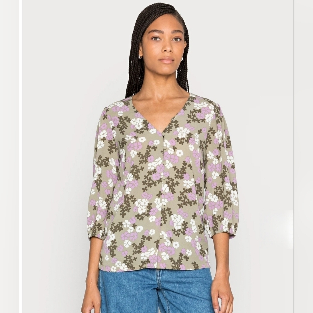 M & S Collectons Floral Lavender Olive Green 3/4 Sleeve Blouse 8 - Picture 1 of 12